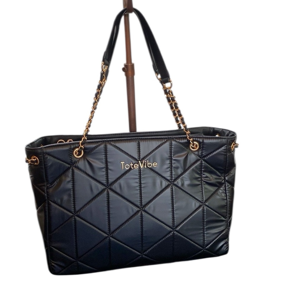 NWOT (ONE LEFT) Black Quilted Tote with Gold Chain